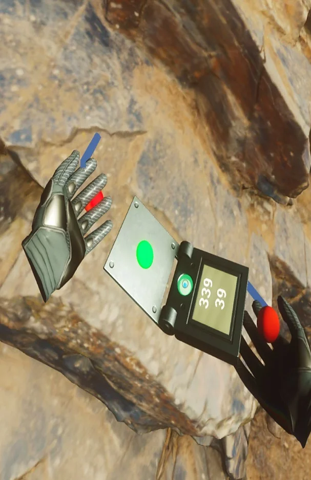 A virtual hand measuring a rock face with a geological compass in V-ROCK.